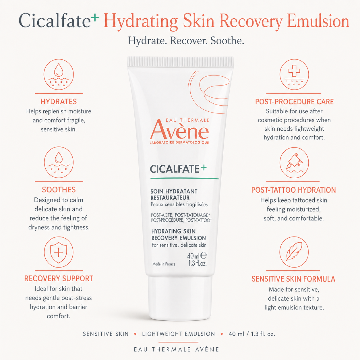 Avène Cicalfate+ Skin Repair Emulsion - 40ml Post-Procedure Body Moisturizer, Lightweight, Soothing, Non-Greasy Hydrator for Sensitive Skin