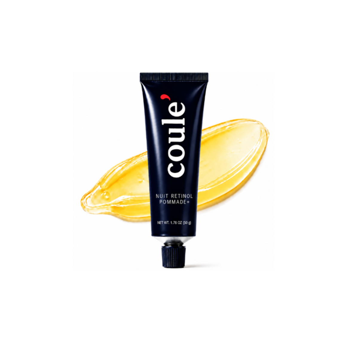 A dark navy blue squeeze tube of Coule Nuit Retinol Pommade+ cosmetic cream with white lettering and a small red logo accent, shown in front of a translucent golden-yellow cream smear on a white background.